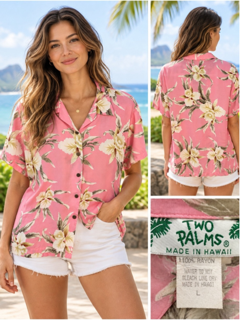 Two Palms Pink Hawaiian Aloha Floral Orchid Shirt Size L Resort wear Tropical